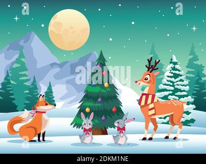 Niedliche Tiere rund um Weihnachtsbaum in der Schneelandschaft Vektor Illustrationsdesign Stock Vektor