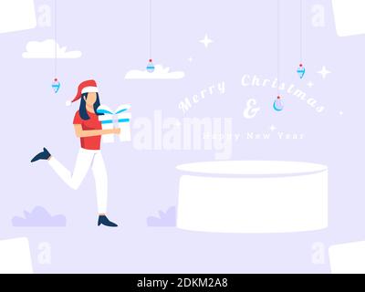 Social Media Design Konzept. Neujahrsgrüße auf dem Podium. Frau mit Geschenken. Verwendet für Web, Plakate, Flyer. Flache Vektor. Stock Vektor