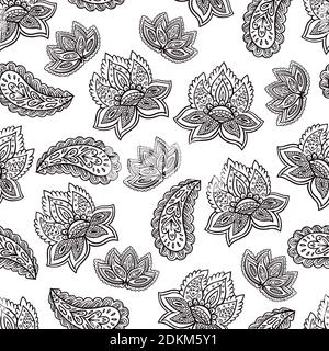 Schwarz-weiß nahtloses psychedelisches Muster mit floralen und paisleyfarbenen Elementen. Stock Vektor