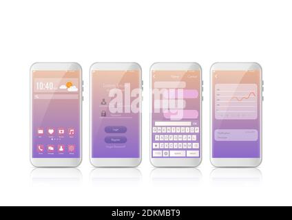 Neue realistische Handy modernen Stil. Vector Smartphone mit Satz von UI, UX, GUI-Bildschirme. Interface Login Design und Messaging sms App. Stock Vektor