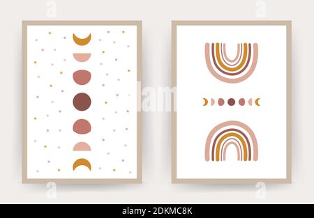 Poster mit abstraktem Regenbogen und Mond. Skandinavisches Design für Tapeten und Wohnkultur. Moderne geometrische Hintergründe. Stock Vektor