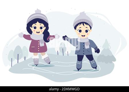 Kinder Winter. Junge und Mädchen Eislaufen auf einer Eisbahn auf einem blauen Hintergrund einer Waldlandschaft mit Bäumen und Weihnachtsbäumen. Wintersport. Vecto Stock Vektor