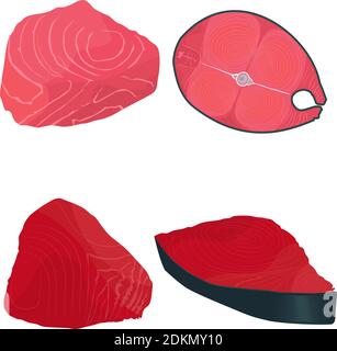 Frischer roher Thunfisch isoliert auf weißem Hintergrund, Filet von frischem Thunfisch. Stock Vektor