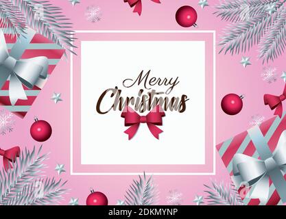 Happy Merry christmas Lettering Karte mit Geschenken und Tannen Vektor Illustrationsdesign Stock Vektor