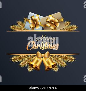 Happy Merry weihnachten goldenen Schriftzug mit Geschenken und Glocken Vektor Illustrationsdesign Stock Vektor