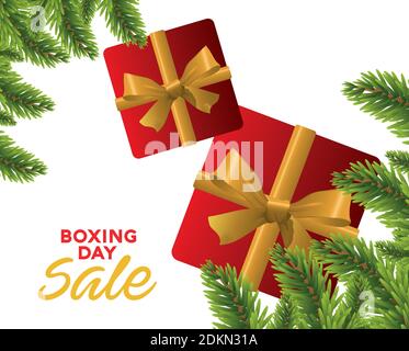 Boxing Day Verkauf Schriftzug mit Geschenken und Tannen Vektor-Illustration Design Stock Vektor