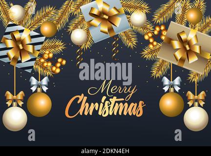 Happy Merry weihnachten goldenen Schriftzug mit Kugeln und Geschenke Vektor Illustrationsdesign Stock Vektor