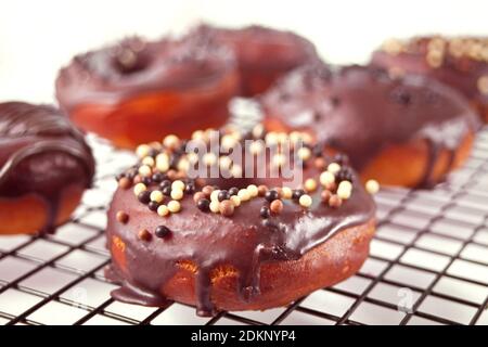 Donut auf dem Backblech glasiert mit Schokoladencreme oder Glasur. Frühstückskonzept Stockfoto