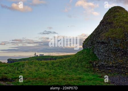 Alte erodierte Konglomerat Gras bedeckt Klippen mit Tod Head Leuchtturm im Hintergrund bei Sonnenuntergang an einem Herbsttag in Catterline. Stockfoto