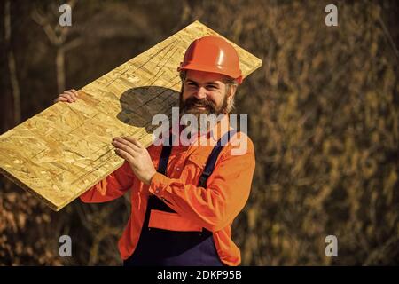 Holzwerkstoff. Faserplatten im Wohn- und Geschäftsbau. Gerüste einrichten. Montieren Sie temporäre Geräte oder Strukturen. Renovierungsservice. Mann trägt Faserplatte. Stockfoto