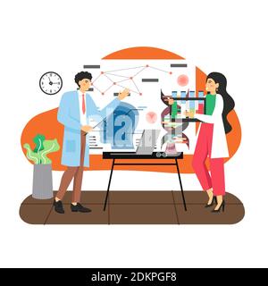 Wissenschaftler in Laborkittel tun wissenschaftliche Forschung, geben Präsentation, flache Vektor-Illustration. Forschungslabor. Stock Vektor