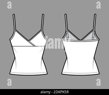 Camisole Surplice Tank Baumwoll-Jersey Top technische Mode-Illustration mit Empire-Naht, dünnen verstellbaren Trägern, Slim Fit. Flach außen Schablone vorne, hinten, weiß. Frauen Männer CAD Mockup Stock Vektor