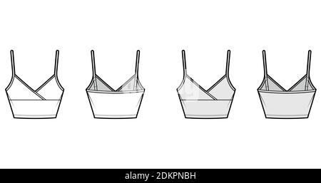 Crop Camisole Surplice Tank Baumwoll-Jersey Top technische Mode Illustration mit Empire-Naht, dünne verstellbare Träger, Slim Fit. Flach nach außen Schablone vorne zurück weiß grau Farbe. Frauen Männer CAD Mockup Stock Vektor