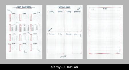 Set von 2021 Kalender, Wochenplaner und To-do-Liste. Handgezeichnete Schrift Text und Elemente, Schule Note Stil, karierte Notizbuch Blatt mit lineart Stock Vektor