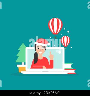 Happy Freelancer Mädchen auf Laptop-Bildschirm mit Büchern und Santa hat. Flache Vektor-Illustration. Weihnachten Urlaub Home Arbeit, online, Internet, Remote Job, Stock Vektor