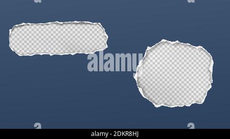 Runde und ovale Löcher Komposition in blauem Papier mit abgerissenen Kanten und weichen Schatten sind auf transparentem Hintergrund. Vektorgrafik Stock Vektor