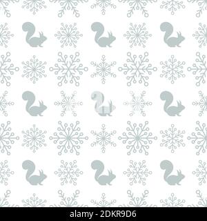 Nahtlose karierte Winter-Muster mit silbergrauen Schneeflocken und Eichhörnchen. vektor flach Weihnachtsschmuck auf weißem Hintergrund. Winter-Textur. Stock Vektor