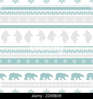 Nahtloses Wintermuster mit weißen Schneeflocken, Eisbären und Wölfen. vektor flaches Weihnachtsornament auf pulverblauem Hintergrund. Winterrentier-Textur Stock Vektor