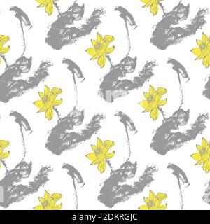 Nahtloses Muster mit Lotusblumen in grau und gelb. Weißer Hintergrund. Stock Vektor