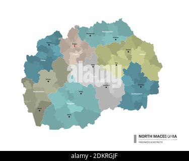 Nordmakedonien hat detaillierte Karte mit Unterteilungen. Administrative Karte von Nord-Mazedonien mit Bezirken und Städten Namen, farbig nach Staaten und Admin Stock Vektor