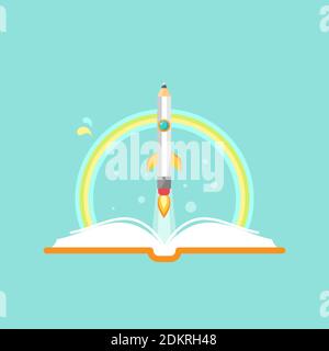 Offenes Buch, Regenbogen und Rakete Bleistift mit Feuer auf blauem Hintergrund. Vektor flache Illustration. Lese-und Lernkraft Logo. Fantasie, Inspiration Stock Vektor