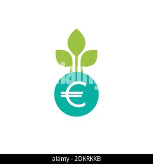 Euro-Zeichen und wachsenden Sprossen mit grünen Blättern. vektor-Symbol. Symbol für flaches Einkommenswachstum. Isoliert auf Weiß. Wirtschaft, Finanzen, Geld Symbol. Währungspicket Stock Vektor