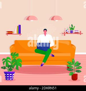 Arbeiten zu Hause, Coworking Space. Der junge Mann sitzt zu Hause mit Laptop auf dem Sofa. Freiberuflicher Mitarbeiter, der in der Wohnung am Laptop arbeitet. Vector Online-Pädagoge Stock Vektor