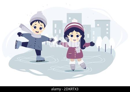 Kinder Winter. Ein Junge und ein Mädchen laufen auf einer Eisbahn in der Stadt auf blauem Hintergrund mit Stadtbild, Häusern und Bäumen. Wintersport und Ente Stock Vektor