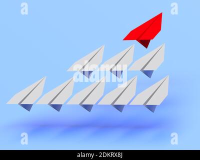 Führungskonzept. Eine rote Führungsebene führt andere graue Ebenen nach vorne. 3d-Rendering Stockfoto
