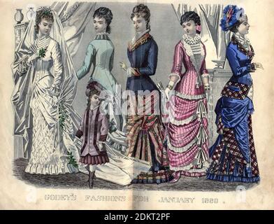 Farbzeichnung von Godeys Damenmode für Januar 1880 aus Godeys Lady's Book and Magazine, 1880 Philadelphia, Louis A. Godey, Sarah Josepha Hale, Stockfoto