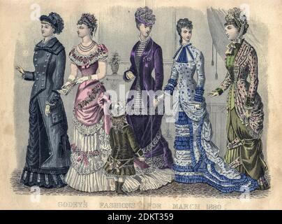 Farbzeichnung von Godeys Damenmode für März 1880 aus Godeys Lady's Book and Magazine, 1880 Philadelphia, Louis A. Godey, Sarah Josepha Hale, Stockfoto