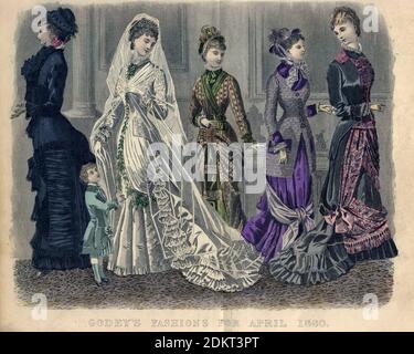 Farbzeichnung von Godeys Damenmode für April 1880 aus Godeys Lady's Book and Magazine, 1880 Philadelphia, Louis A. Godey, Sarah Josepha Hale, Stockfoto