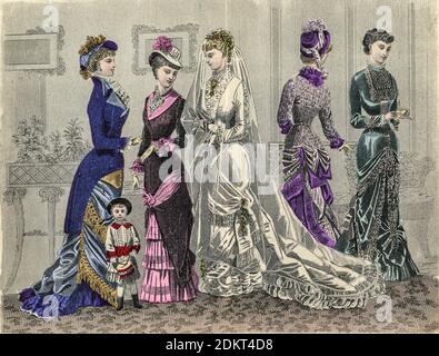 Farbzeichnung von Godeys Damenmode für August 1880 aus Godeys Lady's Book and Magazine, 1880 Philadelphia, Louis A. Godey, Sarah Josepha Hale, Stockfoto