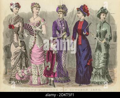 Farbzeichnung von Godeys Damenmode für Oktober 1880 aus Godeys Lady's Book and Magazine, 1880 Philadelphia, Louis A. Godey, Sarah Josepha Hale, Stockfoto