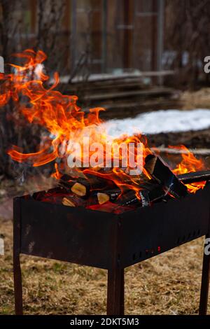 Hell brennendes Lagerfeuer mit roten Flammenzungen aus Birke Brennholz im Grill im Freien Stockfoto