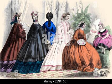 Farbzeichnung von Godeys Damenmode für Januar 1864 aus Godeys Lady's Book and Magazine, 1864 Philadelphia, Louis A. Godey, Sarah Josepha Hale, Stockfoto