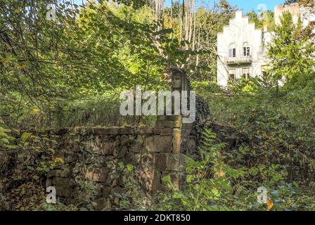 Eine ägyptische Steinfigur blickt in den bewachsenen Garten. Teile des einst stattlichen Gebäudes sind im Hintergrund zu sehen. Schloss Eggersdorf. Stockfoto