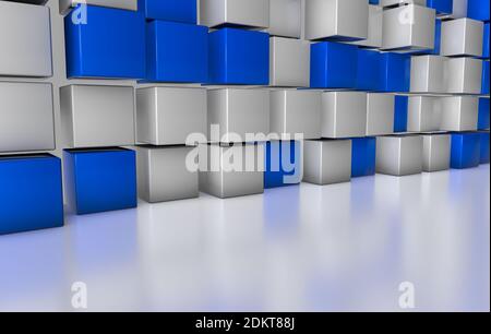 3D-Rendering von weißen und blauen Quadraten auf einem reflektierenden Oberflächenhintergrund Stockfoto