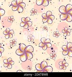 Florales Nahtmuster in gelben und rosa Pastellfarben. Repetitive Sommer Hintergrund mit Plumeria Blumen. Stock Vektor