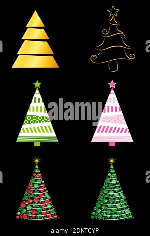 Abstraktes weihnachtsbaum-Set. Goldene, dekorative und glühende Tannenbaum für Weihnachten. Vektordarstellung auf schwarzem Hintergrund isoliert. Saisonale Design eleme Stock Vektor