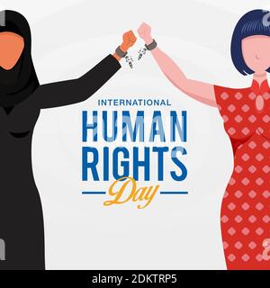Internationaler Menschenrechtstag Hintergrund. Völker mit unterschiedlicher Rasse, die Hände heben und gebrochene Ketten das Symbol der Freiheit. Stock Vektor
