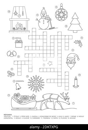 Kreuzworträtsel. Dieses Weihnachten Thema Kreuzworträtsel-Spiel ist für Kinder. Spiel und Färbung Seite. Französische Sprache. Vektorgrafik. Stock Vektor