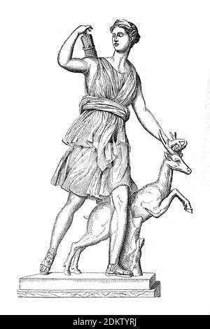 Artemis, in der griechischen Mythologie ist die Göttin der Jagd, des Waldes, der Geburt und des Mondes, sowie die Hüterin von Frauen und Kindern / Artemis, in der griechischen Mythologie die Göttin der Jagd, des Waldes, der Geburt und des Mondes sowie die Hüterin der Frauen und Kinder, Historisch, historisch, Digitale verbesserte Reproduktion eines Originals aus dem 19. Jahrhundert / digitale Reproduktion einer Originalvorlage aus dem 19. Jahrhundert Stockfoto