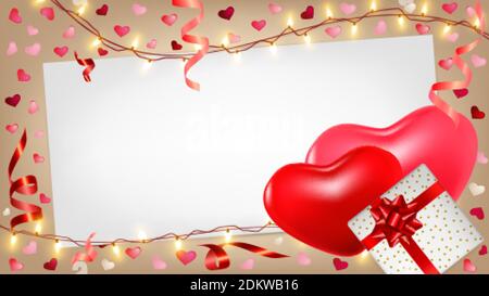 Valentinstag Hintergrund mit rosa und roten Herzen, glänzende Girlanden, Geschenkbox, Lametta. Romantische Komposition für Grußkarte, Hochzeitseinladung Stock Vektor