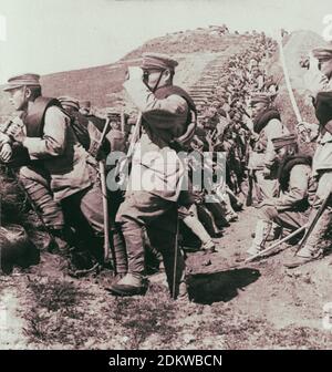 Erwartet einen Angriff von der russischen Kavallerie - Warnung Japaner in der Nähe von Tehling, Mandschurei. 1905 Stockfoto