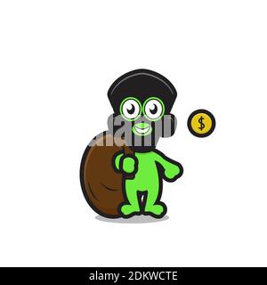 Niedliche Alien Räuber Charakter stehlen Geld. Design isoliert auf weißem Hintergrund. Stockfoto