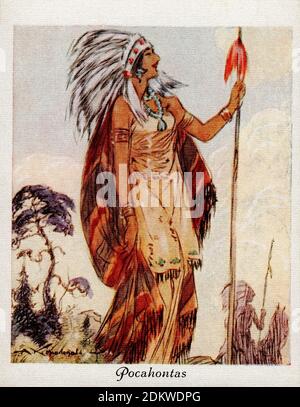 Antique cigarettes cards. Players Cigarettes (series Famous Beauties ). Pocahontas. 1937 Pocahontas (born Matoaka, known as Amonute, c. 1596 – March 1 Stock Photo