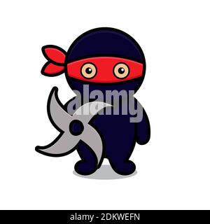 Niedliche blaue Ninja Maskottchen Charakter halten shuriken. Design isoliert auf weißem Hintergrund. Stockfoto