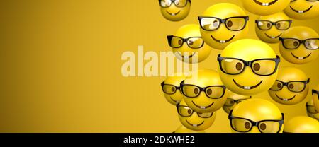3d-Rendering einer großen Gruppe von Emoji-Smileys mit einem Nerd-Gesicht mit Brillen. Kopierbereich: Größe des Webbanners. Stockfoto