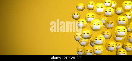 3d-Rendering einer großen Gruppe von Gesichtsmaske Emoji Smileys. Gesicht maskieren. Kopierbereich: Größe des Webbanners. Stockfoto